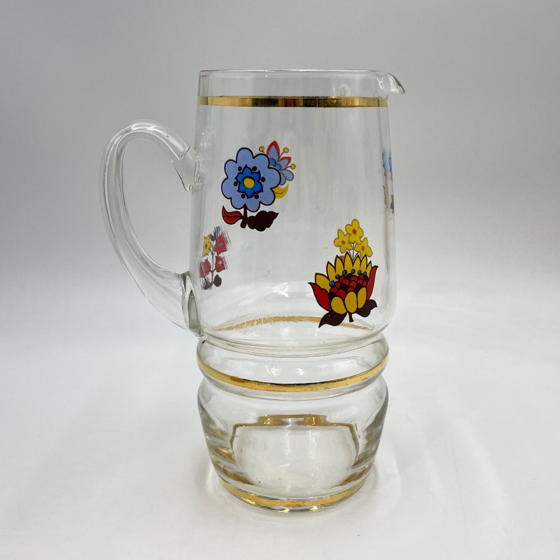 Pichet à eau en verre motif fleurs vintage