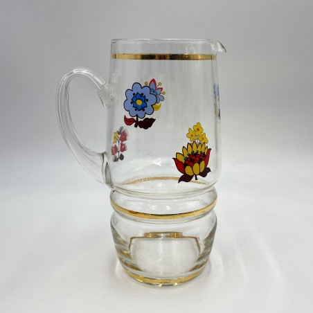 Pichet à eau en verre motif fleurs vintage