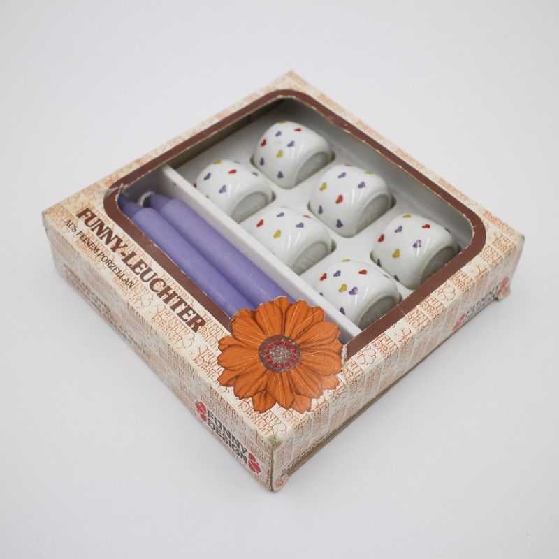 Ensemble de 6 mini bougeoirs motifs coeurs, années 80