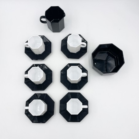 Ensemble de 6 Tasses et soucoupes à café octogonale noir et blanc "Octime" - Arcoroc-Vaisselle-1982 Le Shop 